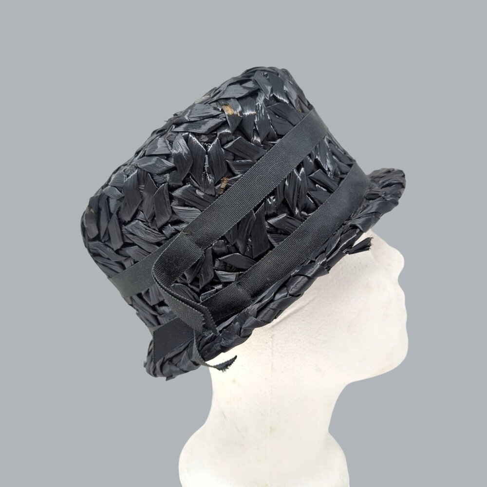 Vintage Black Rattan Hat Cloche Straw